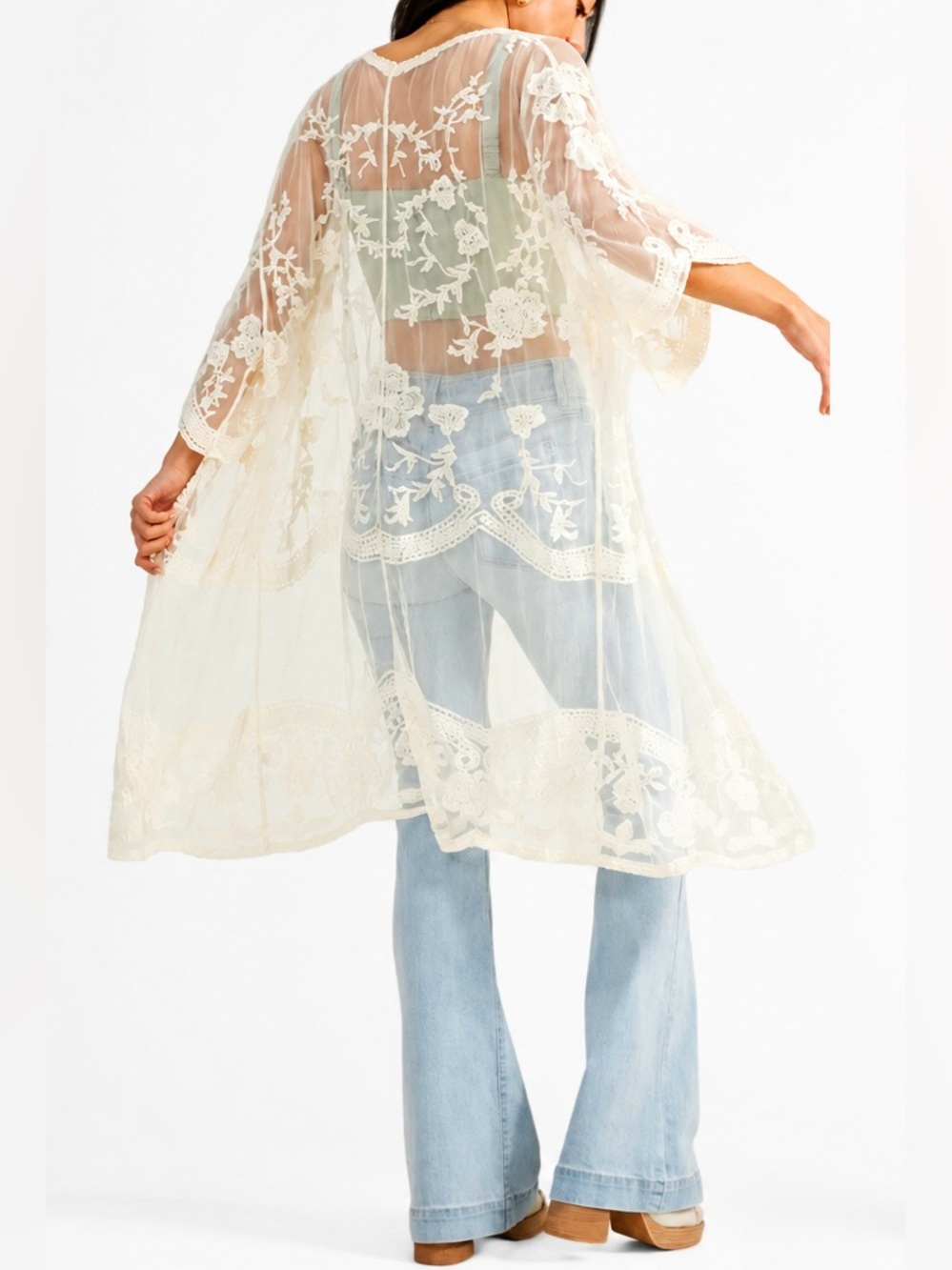 Adiva Ivory Floral Lace Open Front Boho Kimono Duster Cardigan Midi Cover-Up - S